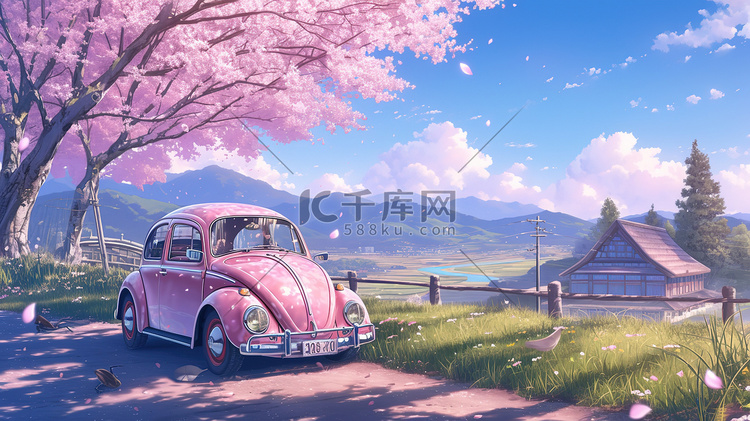 春天樱花树下粉红色汽车插画