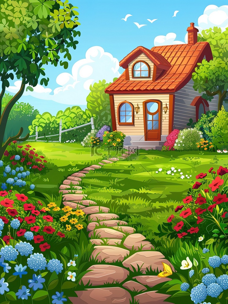 美丽的别墅花园草地春天插图