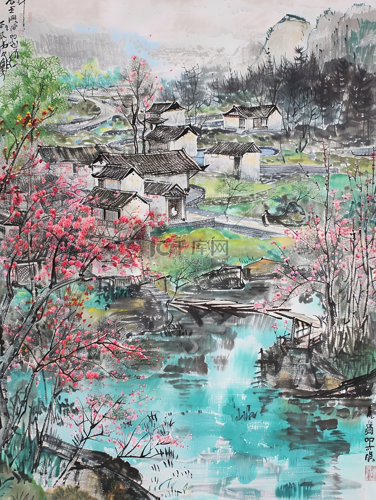 春天花朵绿树环绕村庄插画图片