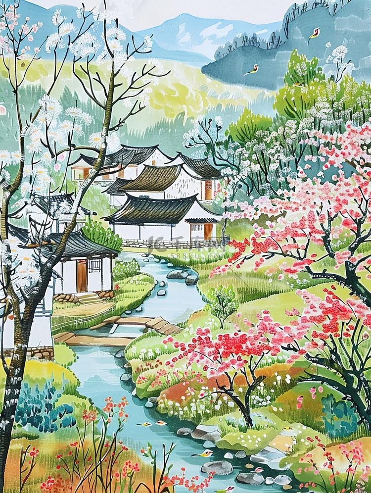 春天花朵绿树环绕村庄插画海报