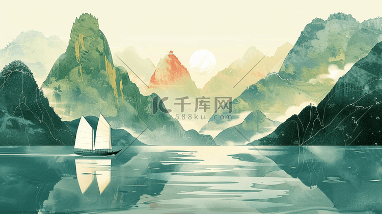 绿色中国风山水风景插画1