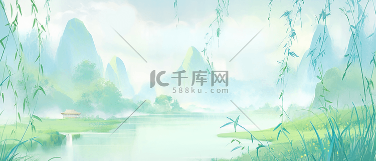 清明节清明中国风山水绿色淡雅古风背景插画