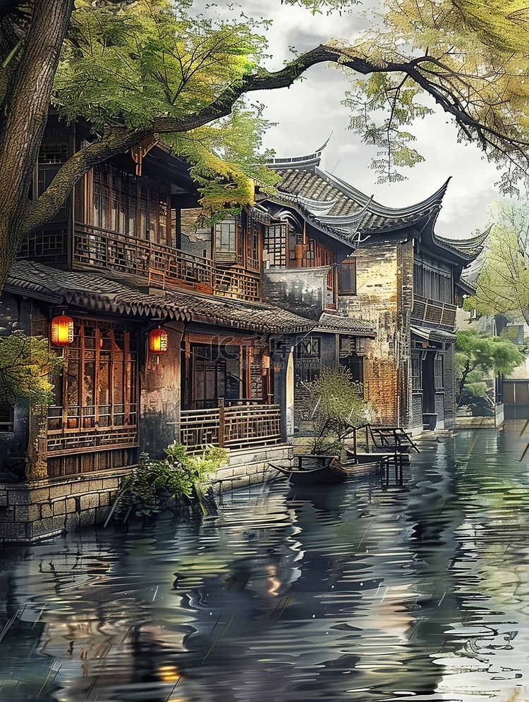水乡古建筑中国风插图