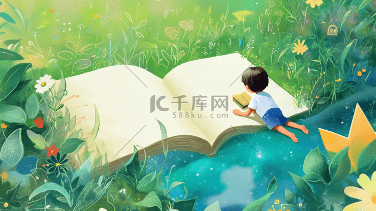 草地池塘边看书的小男孩插画8