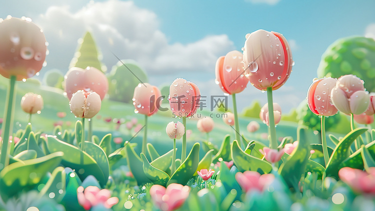 3D卡通春季花朵郁金香插画素材