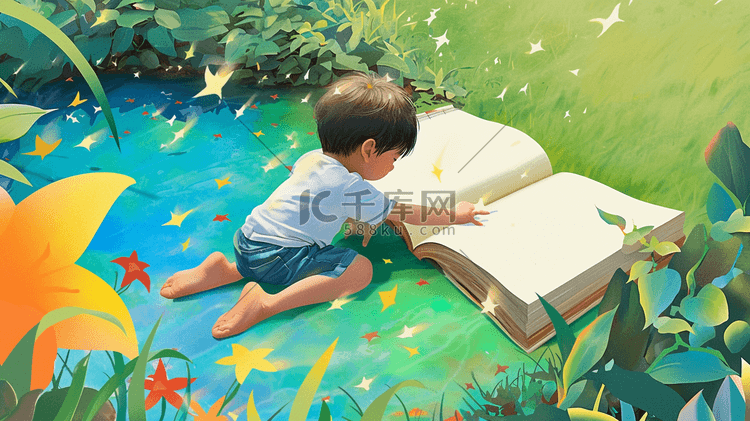草地池塘边看书的小男孩插画5