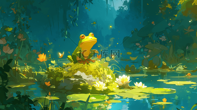 池塘石头上站着的青蛙插画2