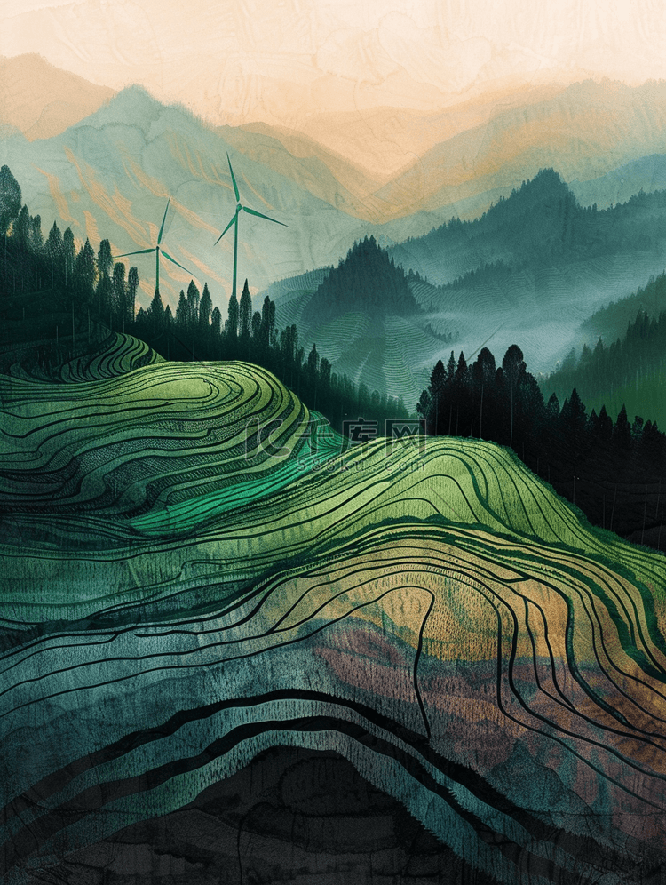 春季简约山田山脉朦胧景色风景的插画4