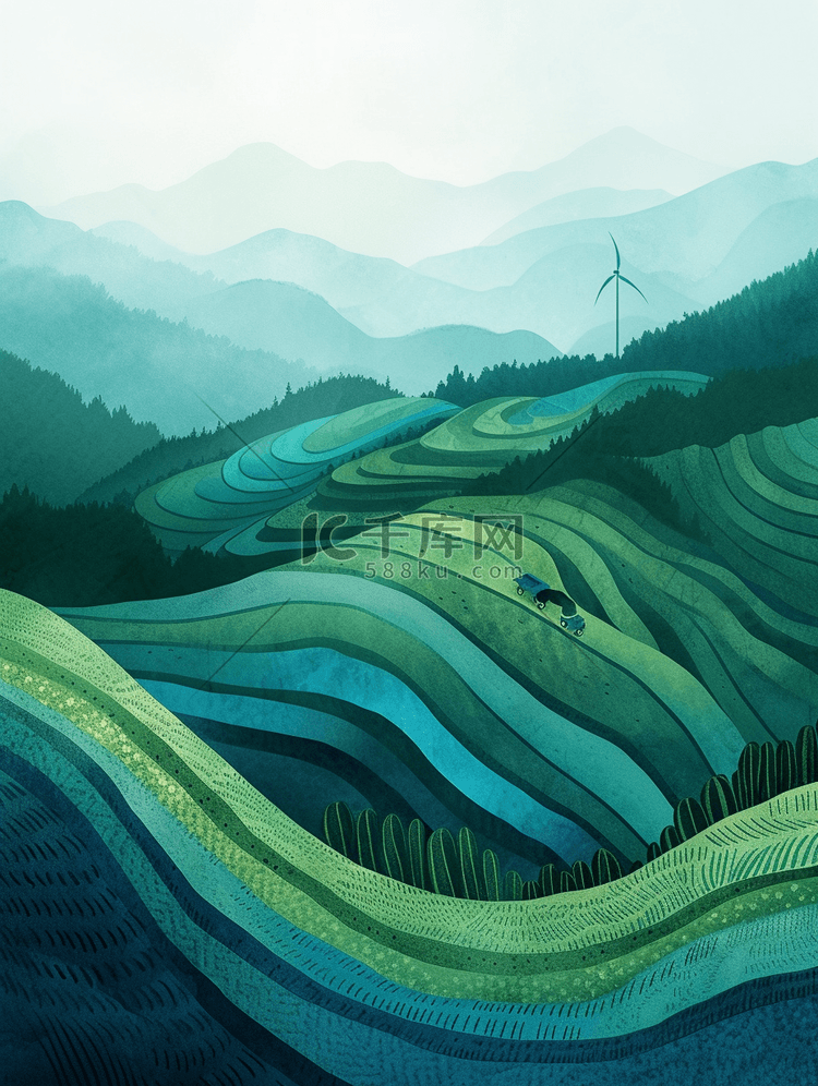 春季简约山田山脉朦胧景色风景的插画12