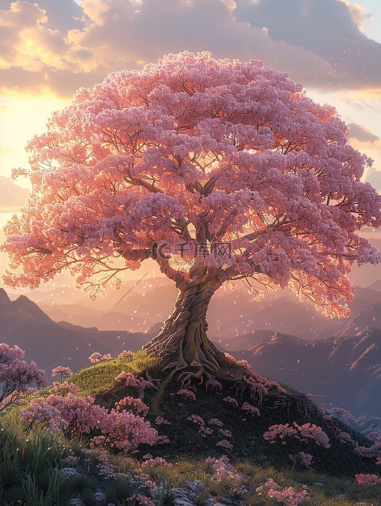 神秘巨大的粉红色樱花树插画素材