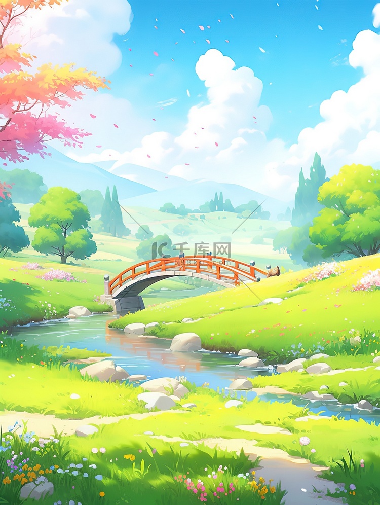 春天小桥和山的动漫景观插画
