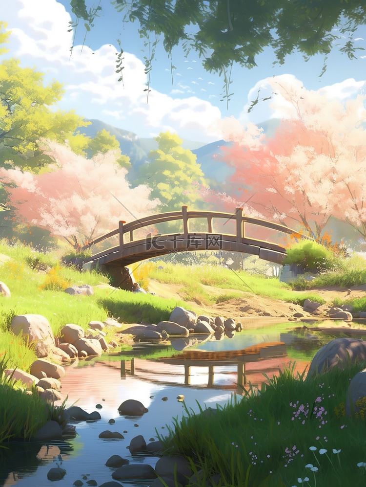 春天小桥和山的动漫景观矢量插画