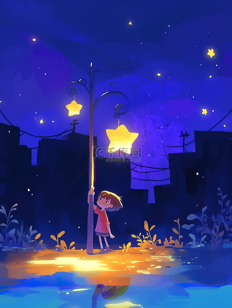 孩子走在星星照亮的灯柱插画素材