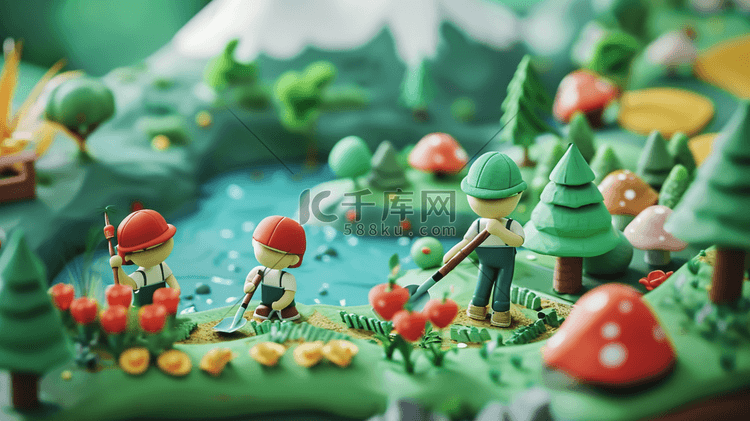 25D立体森林工人种植树木绿化插画13