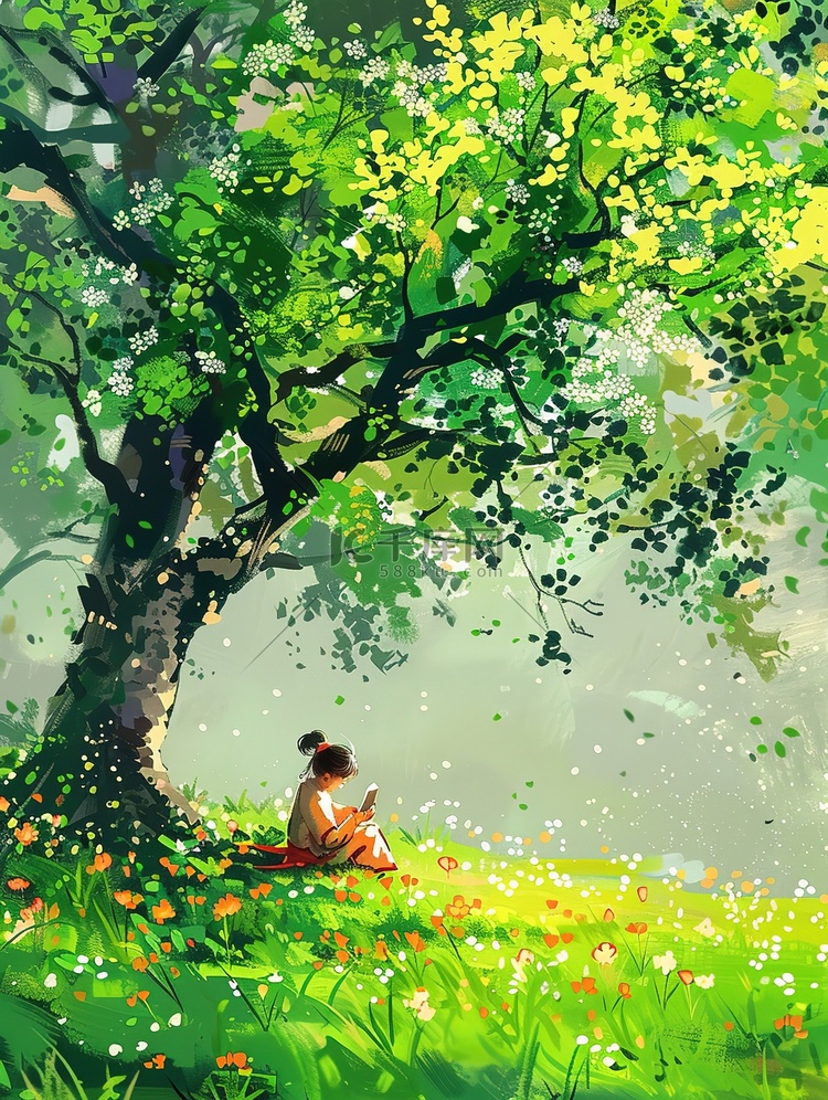 春天孩子坐在树下看书插画