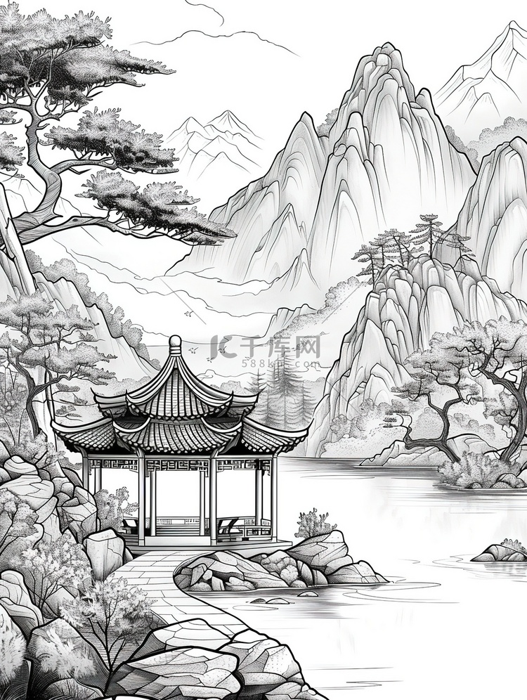 中国山水线性黑白简约插画