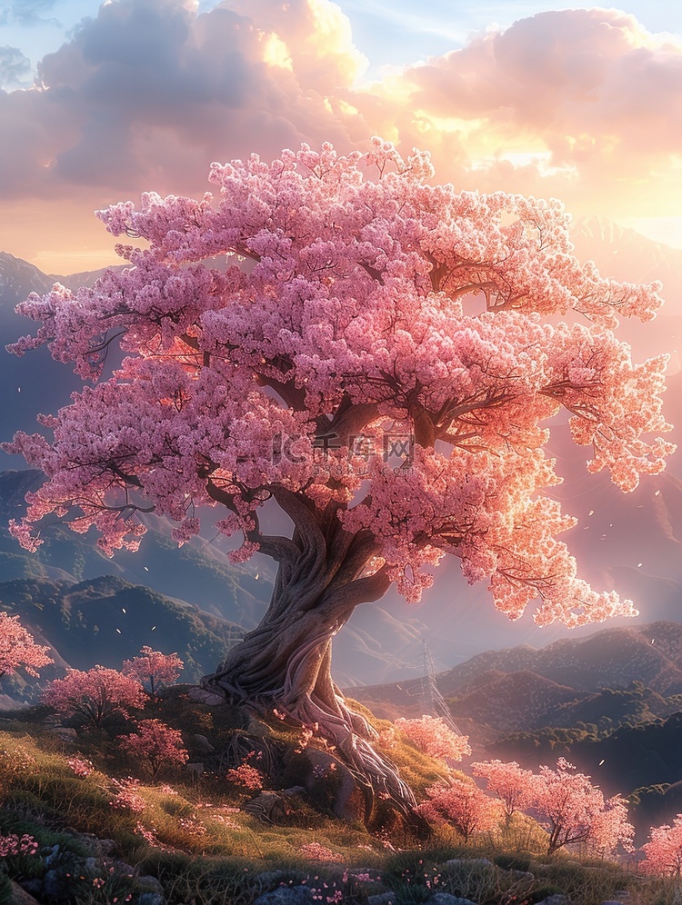 神秘巨大的粉红色樱花树插画图片
