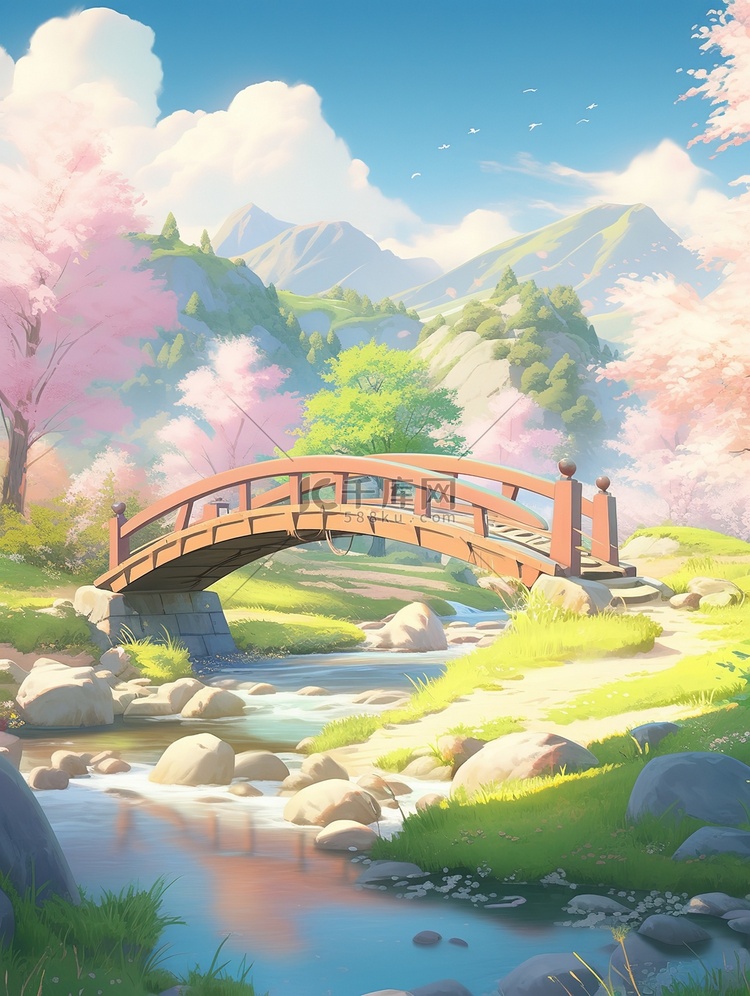 春天小桥和山的动漫景观插画素材