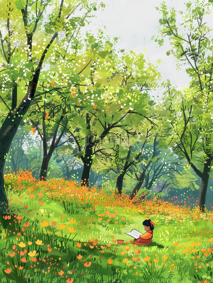 春天孩子坐在树下看书插图