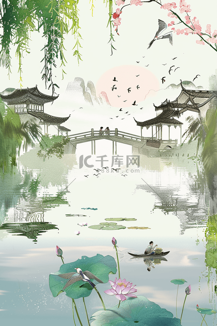 海报清明节湖水风景手绘插画