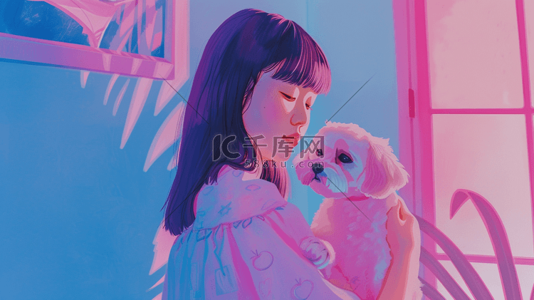 唯美绘画室内女孩抱着小狗的插画1