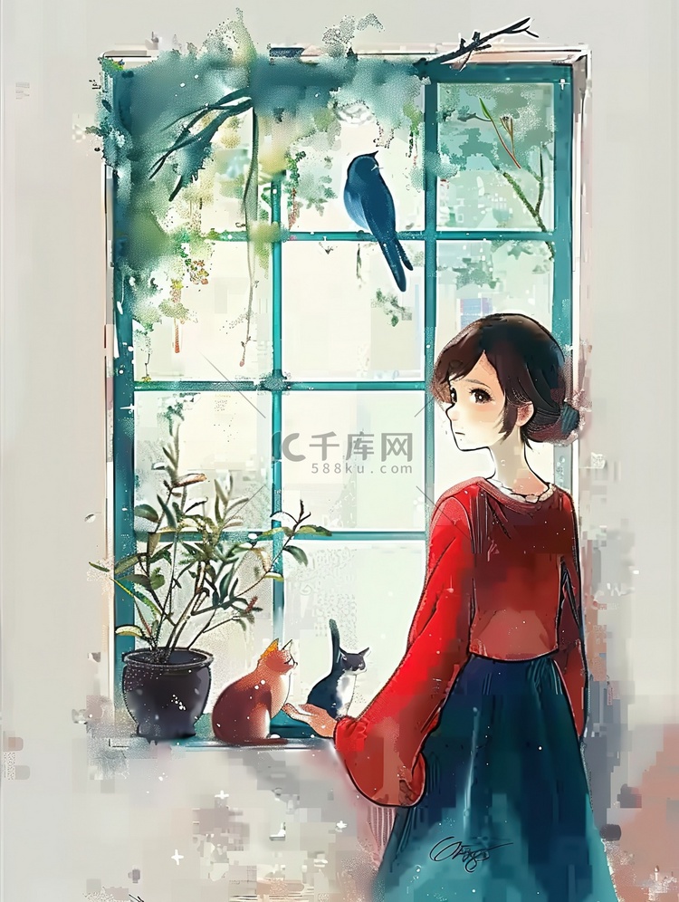女孩靠着窗户和猫插图