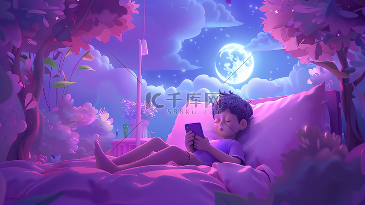 男孩在床上读书梦幻儿童插画