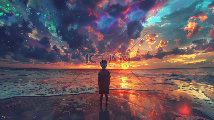 男孩站在海滩上梦幻孤独图片