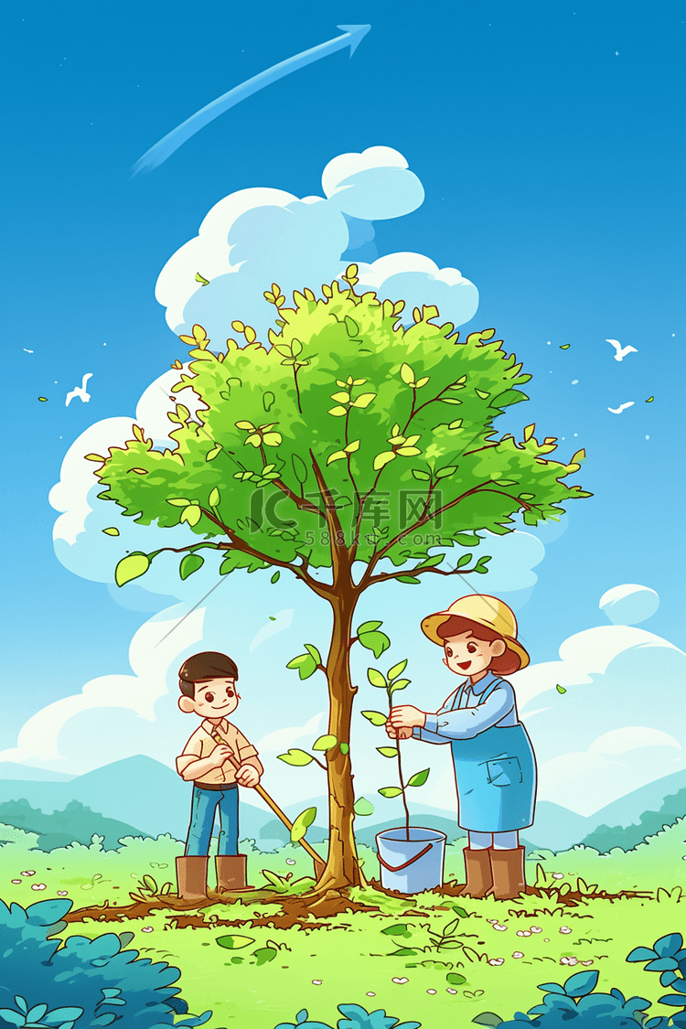 3月春天植树节卡通手绘插画11