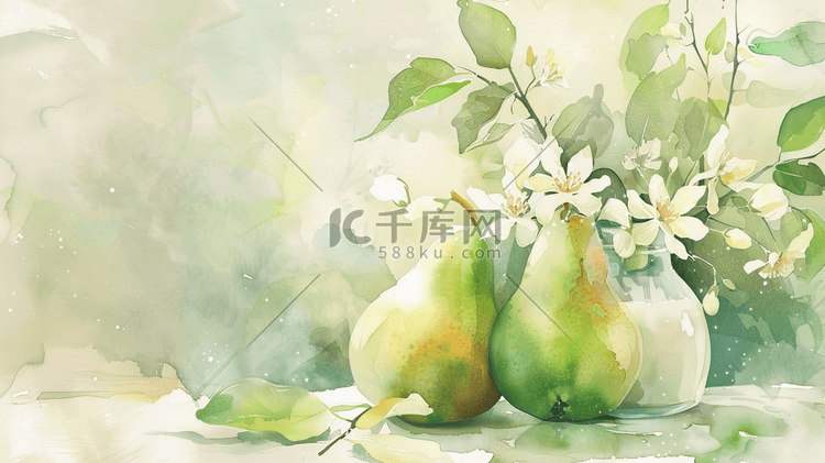 绿色简约清新艺术绘画梨子花朵的插画2