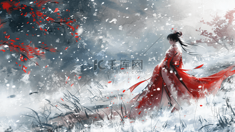 古风汉服女性中国风冬天雪景插画