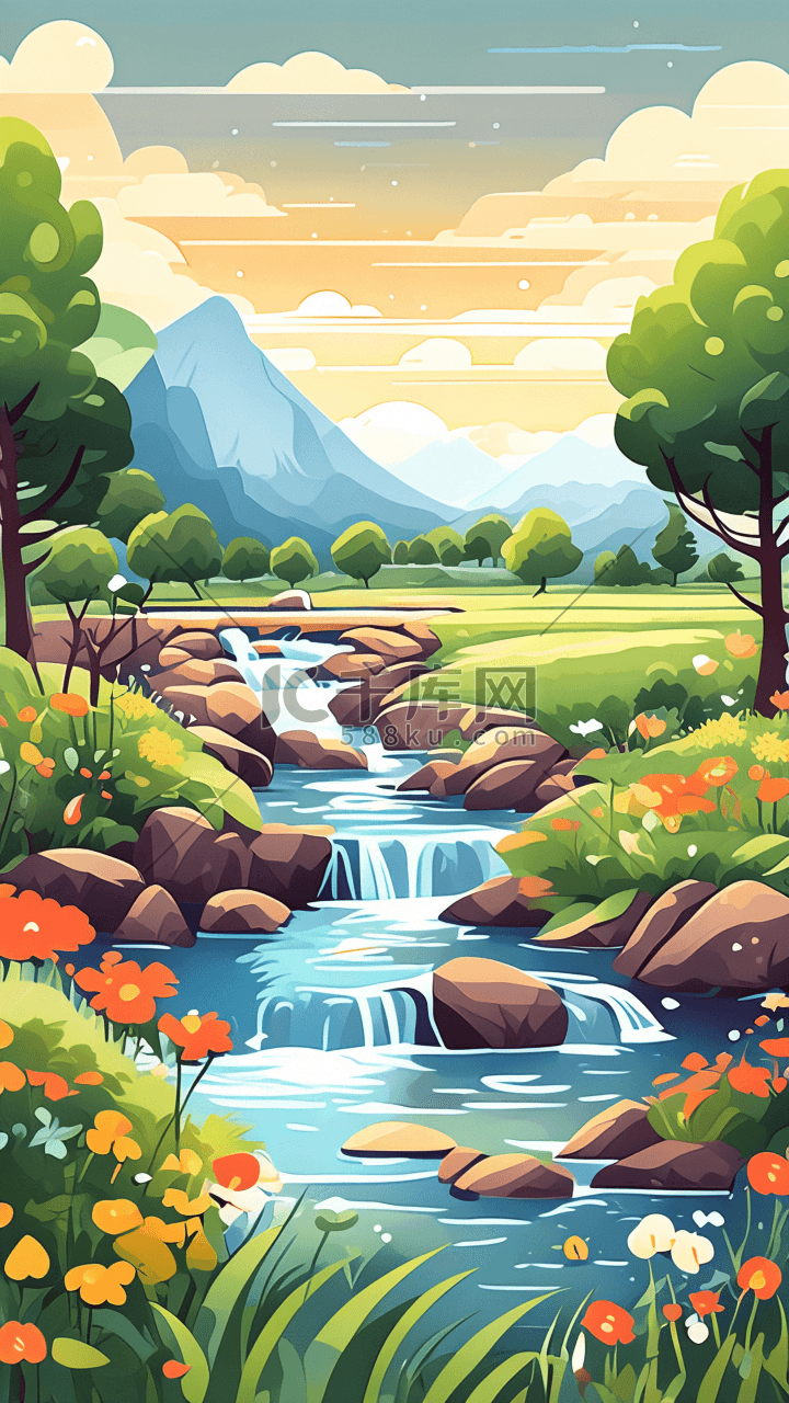 春季卡通小河流水插画