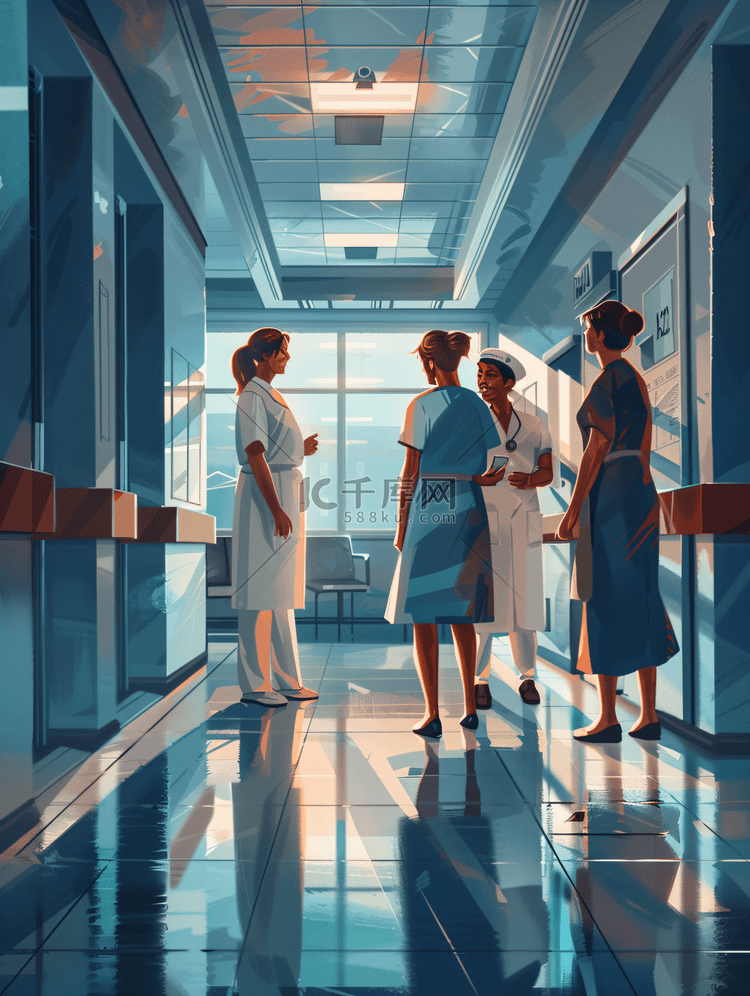 医生护士与病人走廊交谈