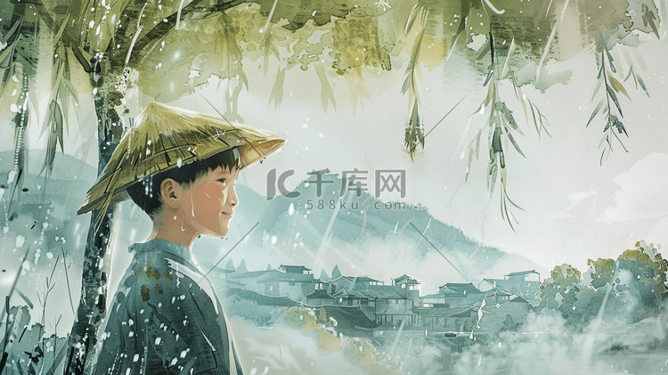 手绘下雨树下男孩带斗笠的插画2