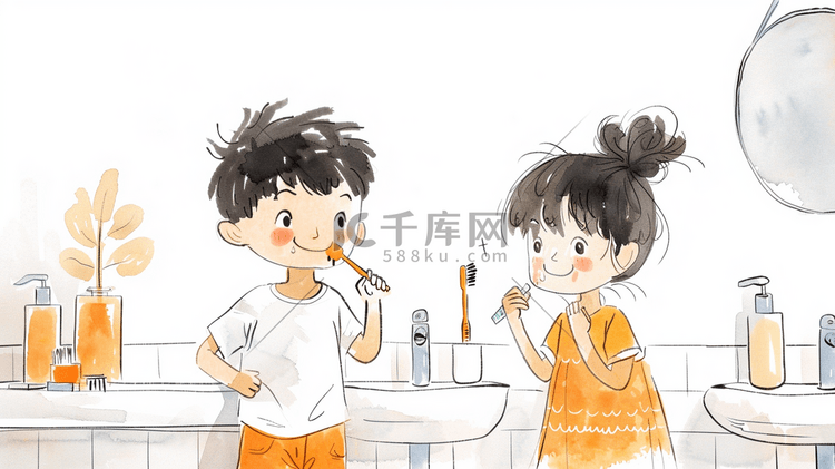 水彩绘画男女孩一起洗漱刷牙的插画5