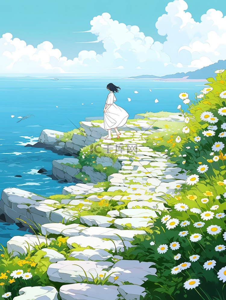 海边洋甘菊花女孩背景图片