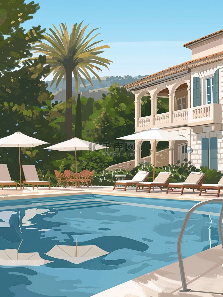 别墅躺椅和遮阳伞的室外游泳池插画图片