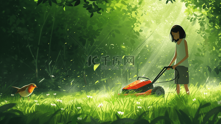 绿色草坪上女子割草机割草的插画12