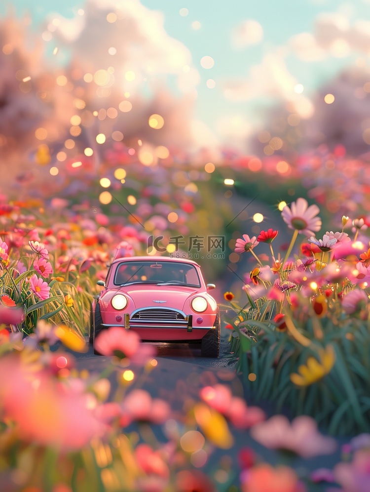春天鲜花可爱的粉红色汽车插画海报