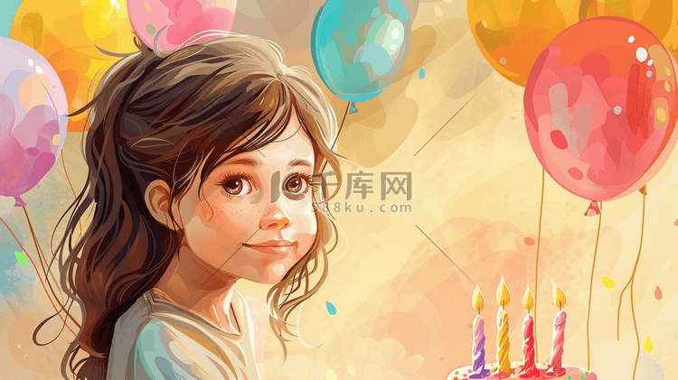 手绘彩色女孩生日蛋糕气球的插画2