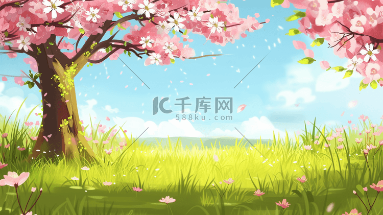 春天彩色手绘绘画公园风景风光的插画3