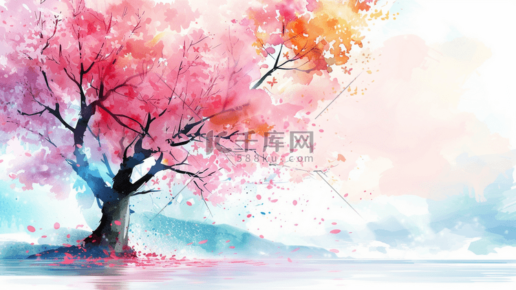 彩色绘画国画艺术树枝花朵小鸟的插画12