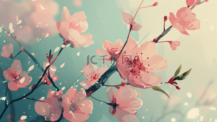 春天绘画唯美景色树枝花朵插画12