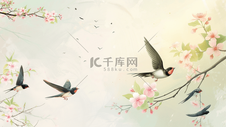 彩色春天绘画艺术花朵景色燕子的插画8