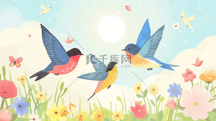 彩色艺术绘画春天树枝上燕子的插画7