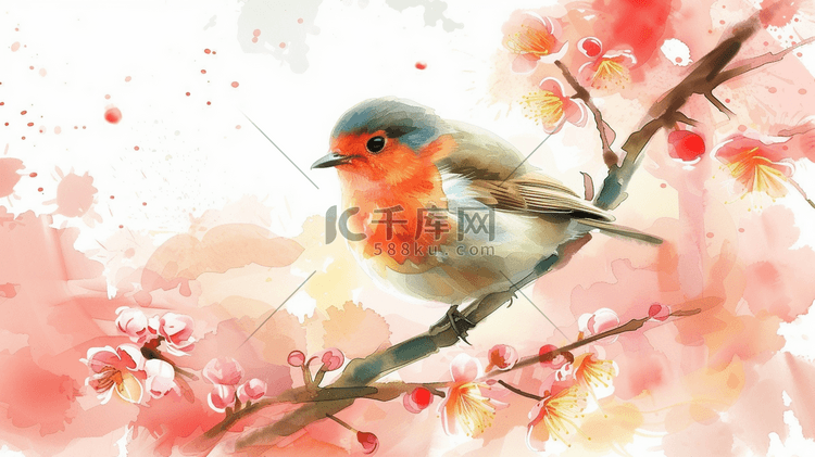 彩色绘画国画艺术树枝花朵小鸟的插画3