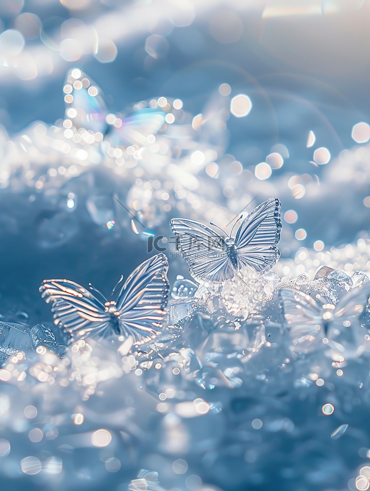 冰蓝色蝴蝶在干净的雪地上原创插画