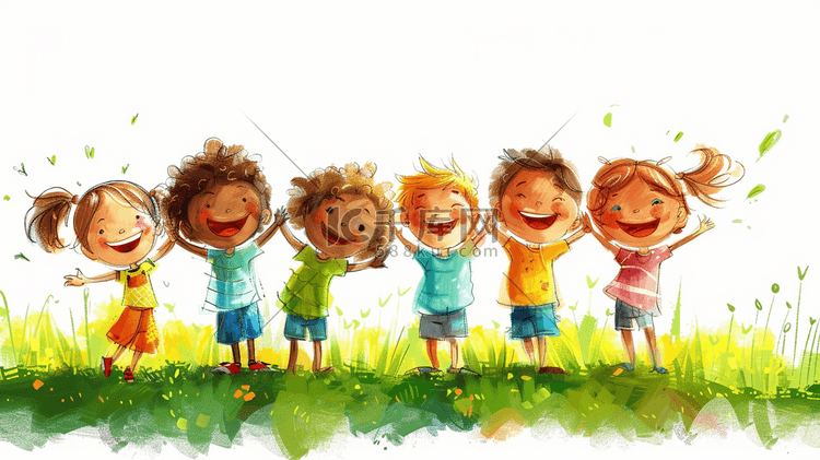 彩色手绘户外草坪草地儿童开心玩耍插画4