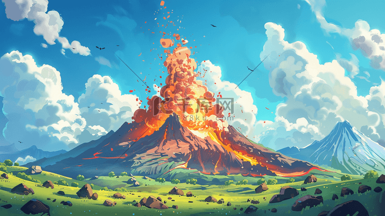 彩色手绘蓝天下火山爆发的插画10