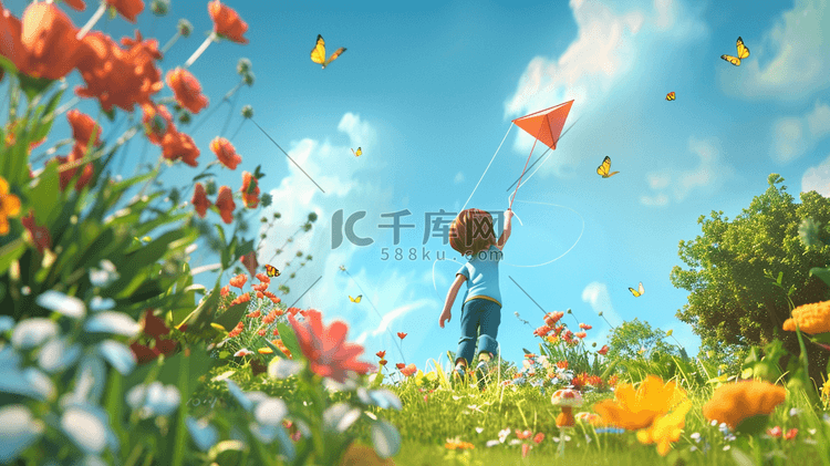 春天景色风景男孩放风筝的插画1